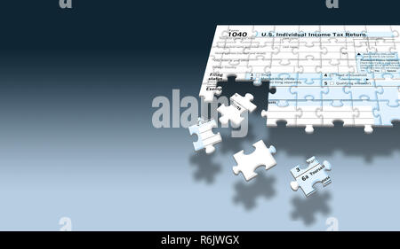 A U.S. Federal 1040 income tax form is seen as a jigsaw puzzle with pieces out of place in this image. This supports the theme of the annual task of p Stock Photo