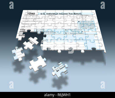 A U.S. Federal 1040 income tax form is seen as a jigsaw puzzle with pieces out of place in this image. This supports the theme of the annual task of p Stock Photo