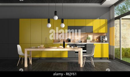 Black and yellow modern kitchen Stock Photo