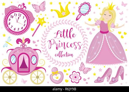 Little Princess cute pink set objects, icons cartoon style . Pretty girl in beautiful dress with a crown, carriage, mirror, perfume collection. Isolated on white background. Vector illustration. Stock Vector