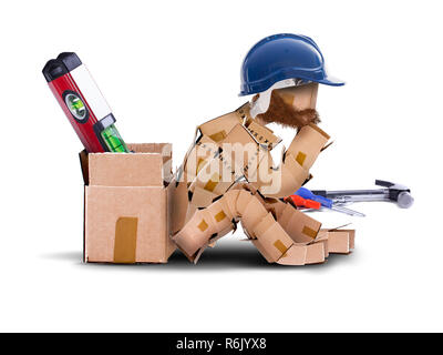 Box handyman character sat thinking Stock Photo