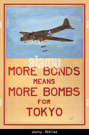 Vintage WW2 American Japanese War propaganda poster USA Office for Emergency Management. War Production Board. “More Bonds Means More Bombs For Tokyo” circa 1942 featuring an American B17 Bomber Aircraft dropping bombs on Tokyo Japan World War II. Pre-production Artwork Stock Photo