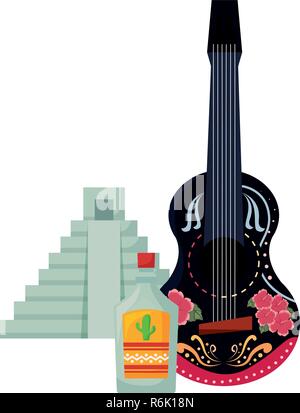 guitar tequila and pyramid day of the dead vector illustration Stock Vector