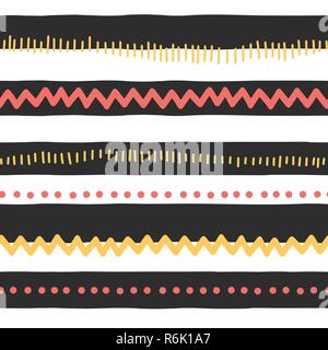 Seamless vector pattern abstract horizontal lines, zigzag, dots, stripes. Red and yellow doodles on black and white background. Texture for childrens  Stock Vector