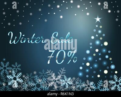 Elegant silver winter lettering design Winter sale 70 with shiny and bright snowflakes on blue background. Stock Vector