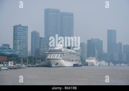 Viking Orion cruise ship docked in Shanghai on smoggy day Stock Photo