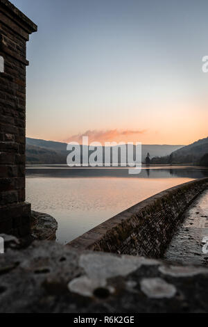 Scenic view across the Talybont Reservoir in the Brecon Beacons during sunset, Powys, Wales, UK