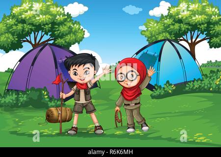 Boy and girl scout camping in forest illustration Stock Vector