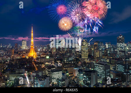 Tokyo at night, Fireworks new year celebrating over tokyo cityscape at night in Japan Stock Photo