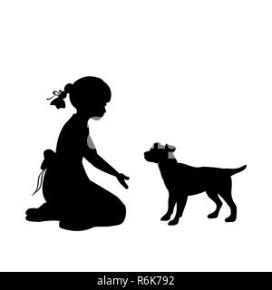 Silhouette girl sitting knees beckon dog Stock Photo