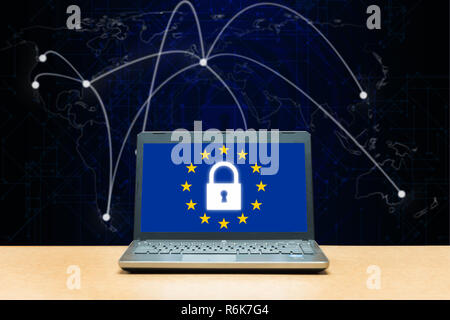 General Data Protection Regulation - laptop on a table, blue screen with GDPR Stock Photo