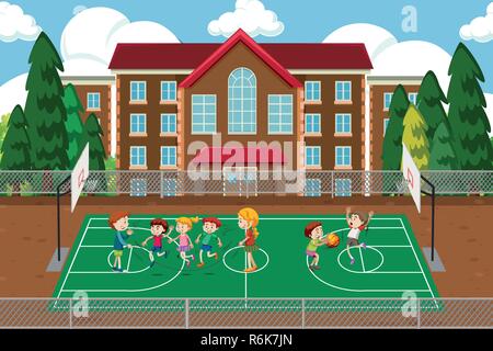 Children playing basketball scene illustration Stock Vector