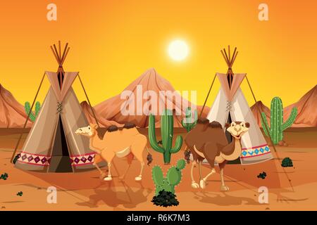 Camels and teepee in desert illustration Stock Vector