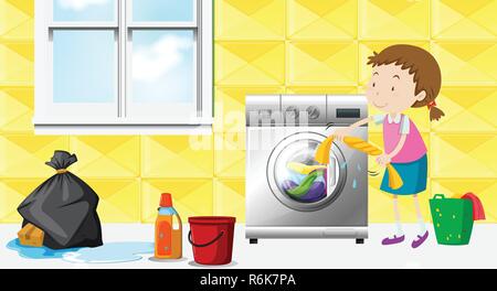 Girl doing laundry in the room illustration Stock Vector
