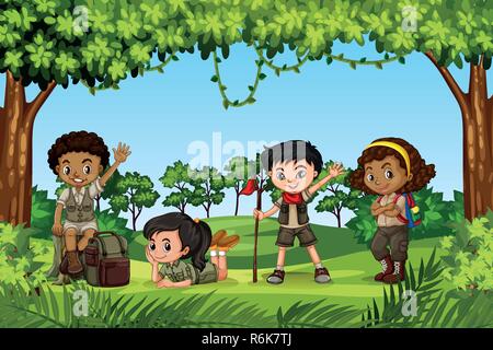 Camping kids in nature illustration Stock Vector