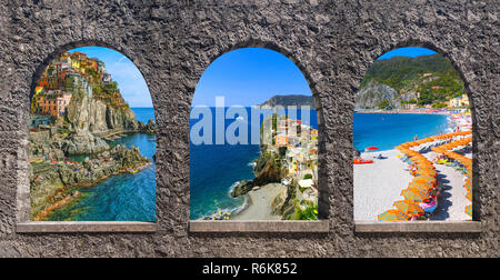 collage of Cinque Terre photos in Italy Stock Photo