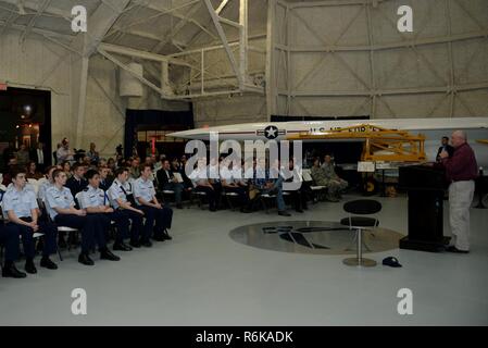 Sonny Perdue, the U.S. Secretary of Agriculture, addresses town hall attendees at the South Dakota Air and Space Museum, Box Elder, S.D., May 19, 2017. During his visit to Ellsworth Air Force Base, Perdue toured a B-1 bomber and discussed U.S. Department of Agriculture employment opportunities with service members who are transitioning from the Department of Defense. Stock Photo