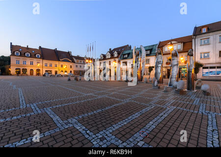 Central square in Zory after sunset. Poland, Europe. Stock Photo