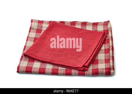 Red and red-checkered textile napkins on white background Stock Photo