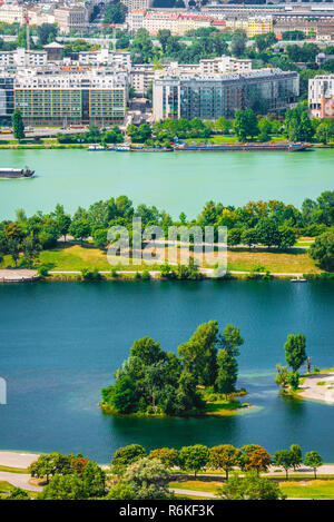 Danube river and New Danube canal with different color of water in Vienna Stock Photo