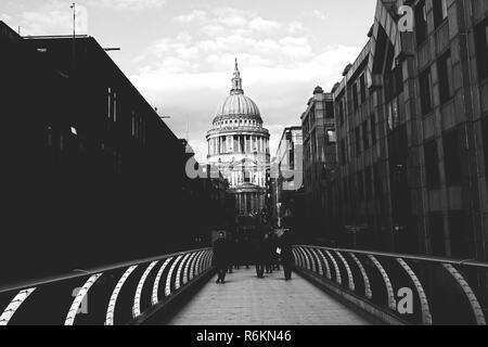 Black and white photo of London. London bridge and wiev at St. Paul Cathedral. Stock Photo