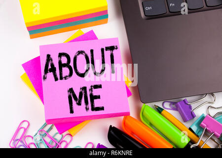 Writing text showing About Me made in the office with surroundings such as laptop, marker, pen. Business concept for Self Awareness Personal Identity Workshop white background with copy space Stock Photo