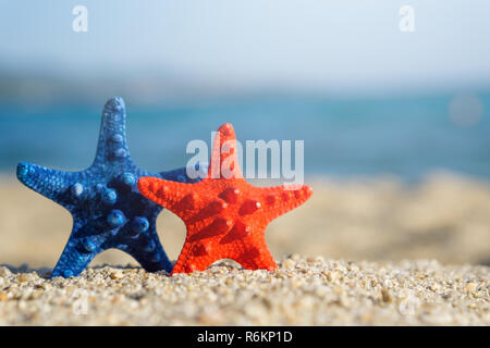 Blue and red starfishes pinned on sand at the beach. Blue sea on background. Stock Photo
