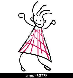 Girl in a dress. Style of childrens drawing.  illustration. Outline drawing on a white background. Stock Photo