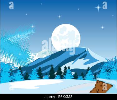 Winter landscape of the mountains and wood in the night Stock Vector