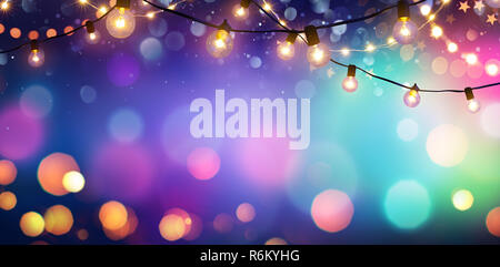 Party - Colorful Bokeh And Retro String Lights In Festive Background Stock Photo