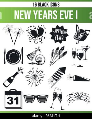 Black pictograms / icons on New Year. This icon set is perfect for creative people and designers who need the theme of New Year in their graphic desig Stock Vector