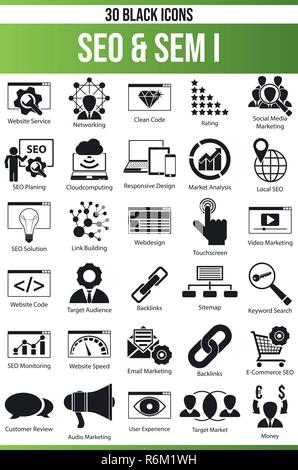Black pictograms / icons on SEO. This icon set is perfect for creative people and designers who need the theme SEM in their graphic designs. Stock Vector