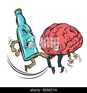 Alcoholism destroys the brain, drunk. fight bottle of vodka Stock Photo