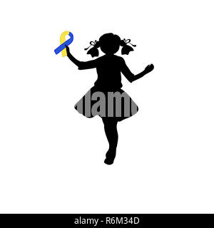 Silhouette girl with yellow blue ribbon. World down syndrome day Stock Photo