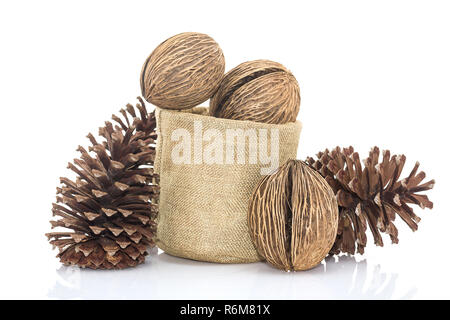 Othalanga - Suicide tree seed and cedar pine cone in sacks fodder Stock Photo