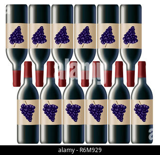 A case of 12 bottles of red wine is shown in this image. This is an illustration of a case of wine. Stock Photo