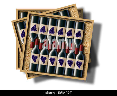 A case of 12 bottles of red wine is shown in this image. This is an illustration of a case of wine. Stock Photo