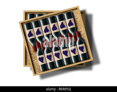 A case of 12 bottles of red wine is shown in this image. This is an illustration of a case of wine. Stock Photo