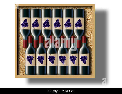 A case of 12 bottles of red wine is shown in this image. This is an illustration of a case of wine. Stock Photo