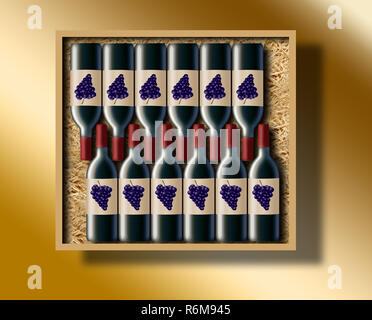 A case of 12 bottles of red wine is shown in this image. This is an illustration of a case of wine. Stock Photo