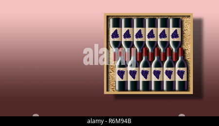 A case of 12 bottles of red wine is shown in this image. This is an illustration of a case of wine. Stock Photo