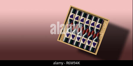 A case of 12 bottles of red wine is shown in this image. This is an illustration of a case of wine. Stock Photo