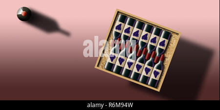 A case of 12 bottles of red wine is shown in this image. This is an illustration of a case of wine. Stock Photo