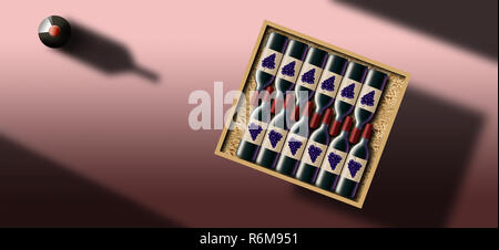 A case of 12 bottles of red wine is shown in this image. This is an illustration of a case of wine. Stock Photo