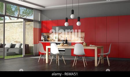 Black and red modern kitchen Stock Photo