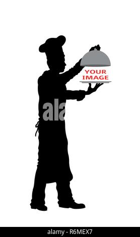 Domed cover with chef silhouette. All the objects are in different layers and the text types do not need any font. Stock Vector
