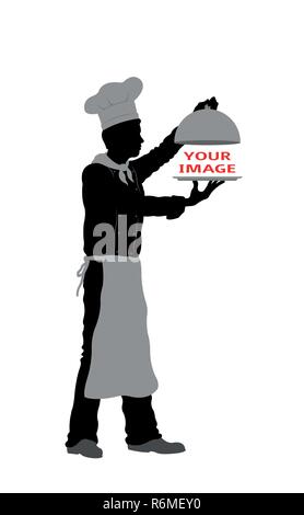 Serving dish with chef silhouette. All the objects are in different layers and the text types do not need any font. Stock Vector