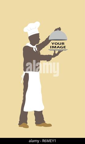 Platter cover with chef silhouette. All the objects are in different layers and the text types do not need any font. Stock Vector