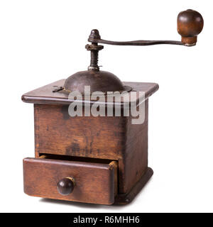 Old wooden coffee grinder with open drawer. Isolated on white background, with clipping path Stock Photo