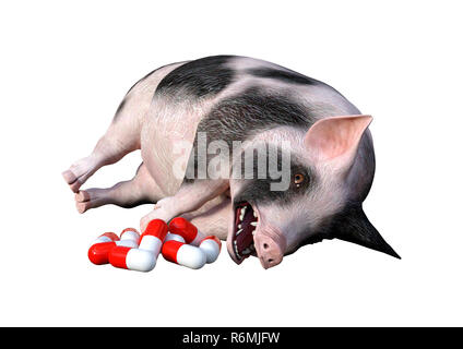 3D Rendering Pig and Pills on White Stock Photo